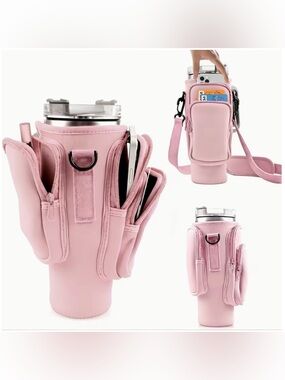 Light Pink Tumbler Carrier with Adjustable Strap and Pockets